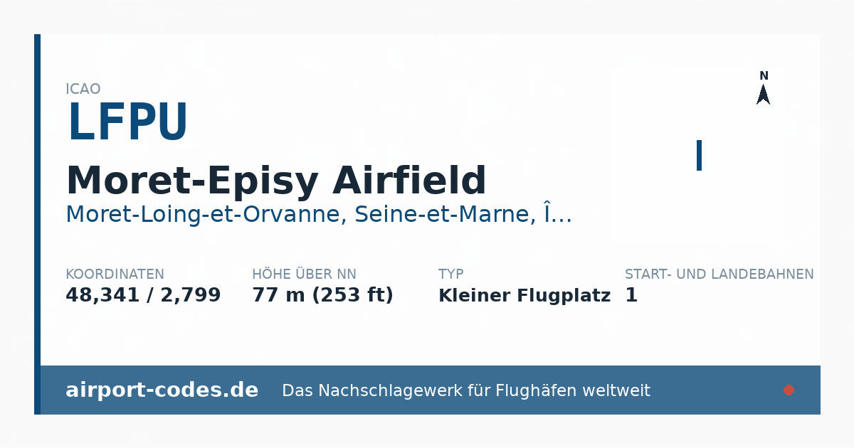 Generierte Übersichtsgrafik zum Flughafen Moret-Episy Airfield mit Codes, Koordinaten und Bahnenskizze