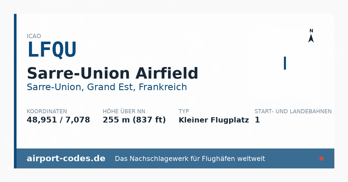 Generierte Übersichtsgrafik zum Flughafen Sarre-Union Airfield mit Codes, Koordinaten und Bahnenskizze