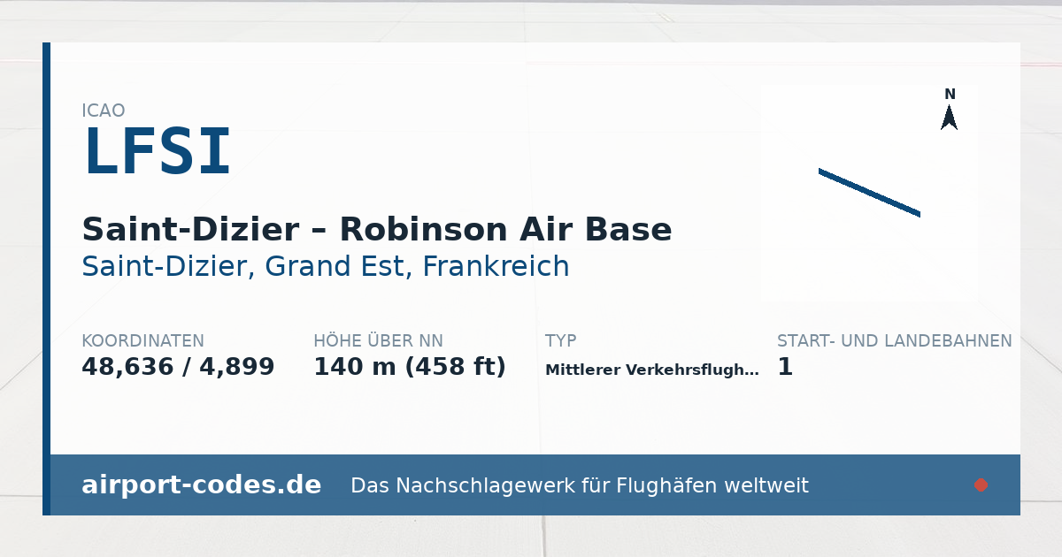Generierte Übersichtsgrafik zum Flughafen Saint-Dizier – Robinson Air Base mit Codes, Koordinaten und Bahnenskizze