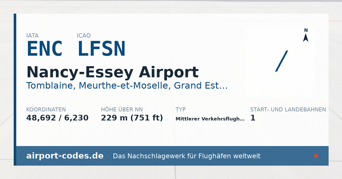 Generierte Übersichtsgrafik zum Flughafen Nancy-Essey Airport mit Codes, Koordinaten und Bahnenskizze