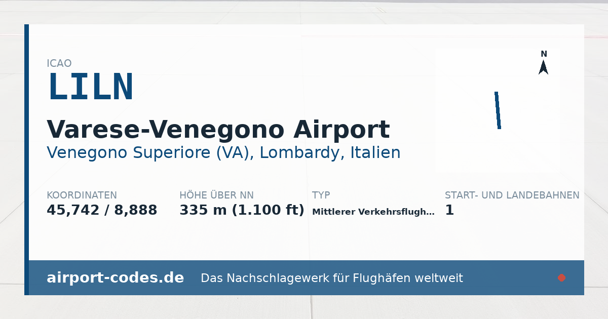 Generierte Übersichtsgrafik zum Flughafen Varese-Venegono Airport mit Codes, Koordinaten und Bahnenskizze