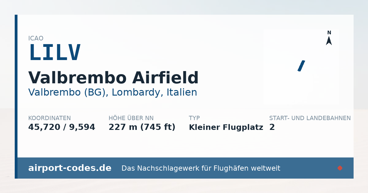 Generierte Übersichtsgrafik zum Flughafen Valbrembo Airfield mit Codes, Koordinaten und Bahnenskizze