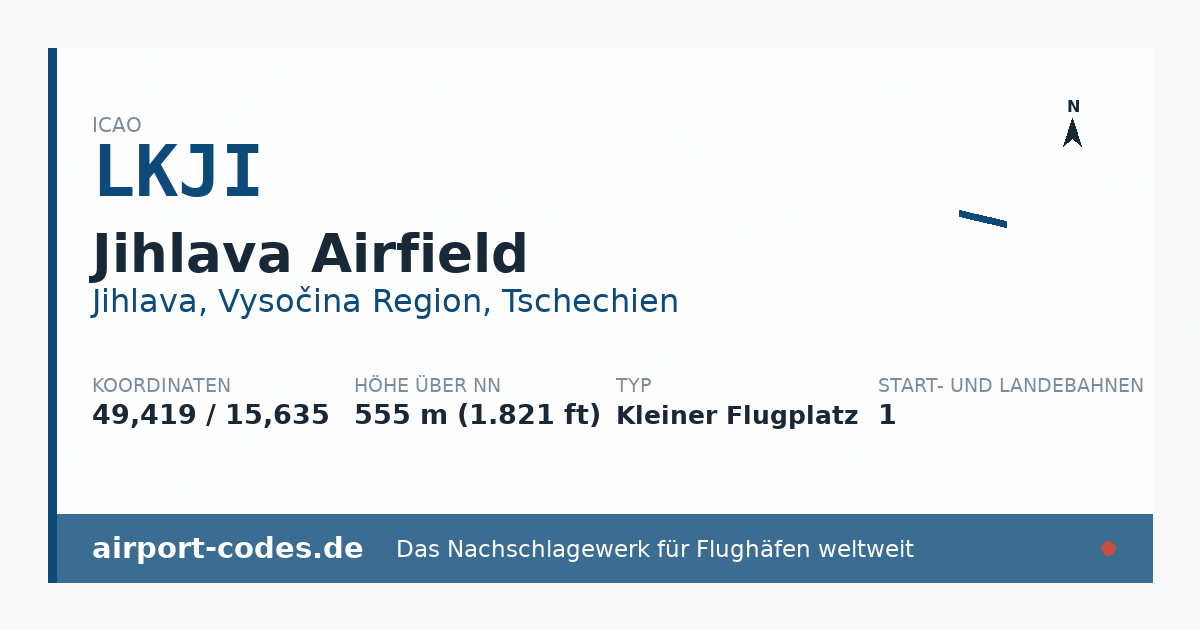 Generierte Übersichtsgrafik zum Flughafen Jihlava Airfield mit Codes, Koordinaten und Bahnenskizze