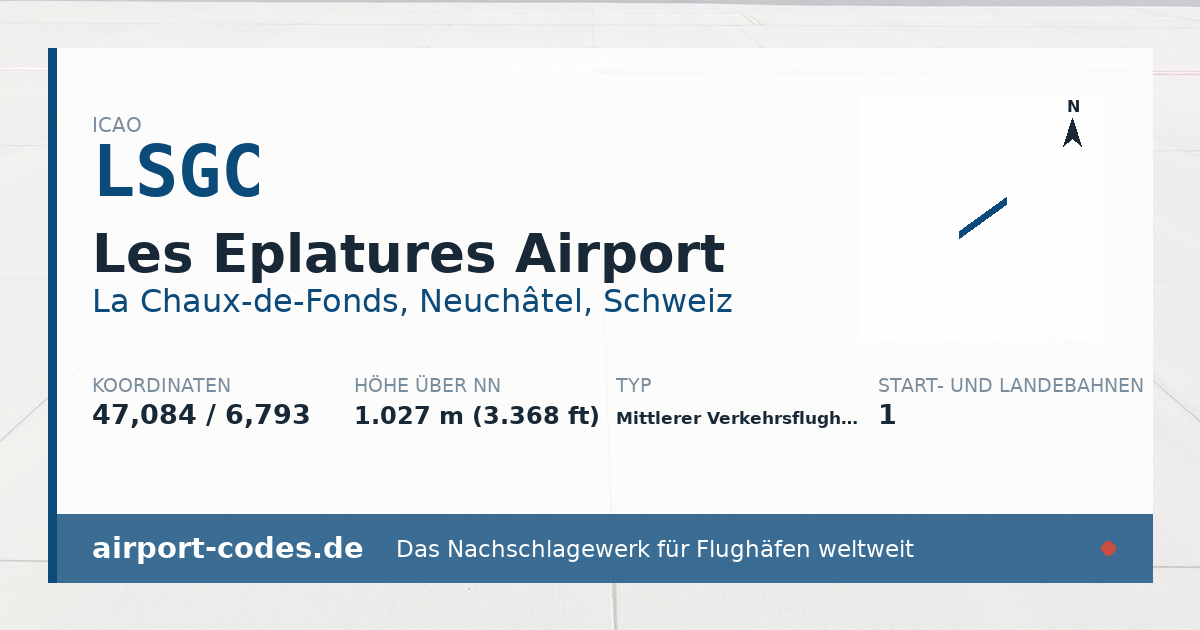 Generierte Übersichtsgrafik zum Flughafen Les Eplatures Airport mit Codes, Koordinaten und Bahnenskizze
