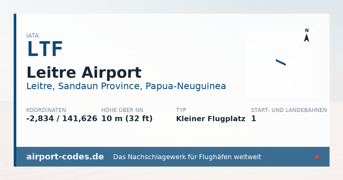 Generierte Übersichtsgrafik zum Flughafen Leitre Airport mit Codes, Koordinaten und Bahnenskizze