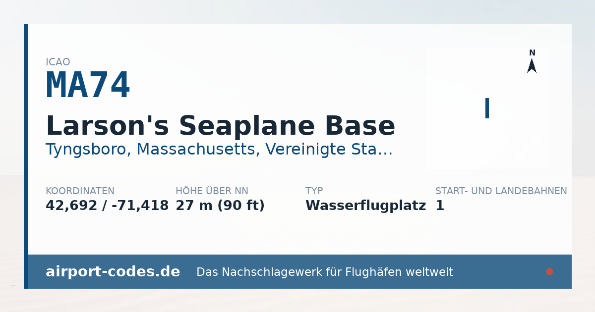 Generierte Übersichtsgrafik zum Flughafen Larson's Seaplane Base mit Codes, Koordinaten und Bahnenskizze