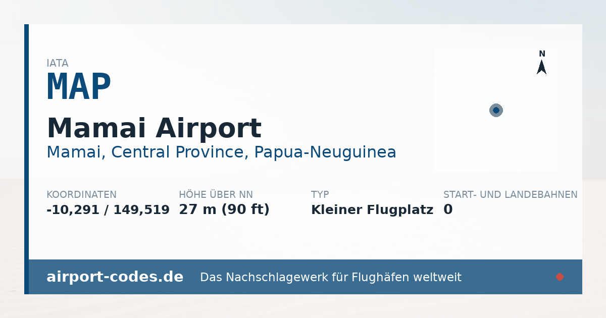 Generierte Übersichtsgrafik zum Flughafen Mamai Airport mit Codes, Koordinaten und Bahnenskizze