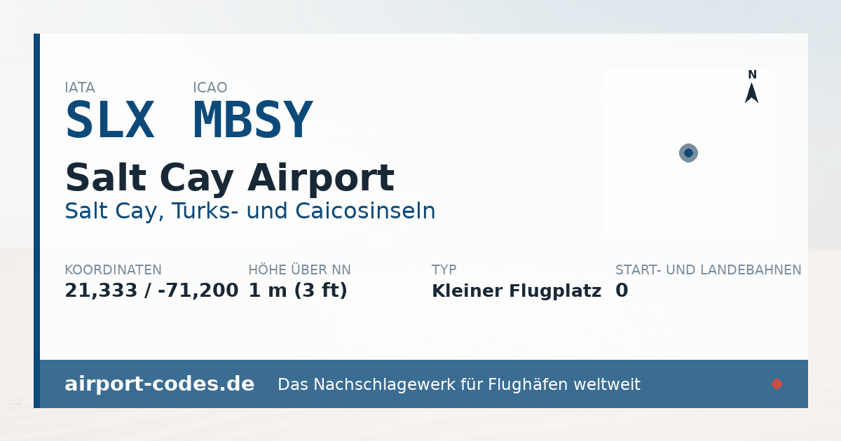 Generierte Übersichtsgrafik zum Flughafen Salt Cay Airport mit Codes, Koordinaten und Bahnenskizze