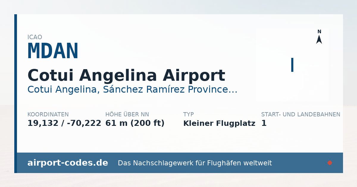 Generierte Übersichtsgrafik zum Flughafen Cotui Angelina Airport mit Codes, Koordinaten und Bahnenskizze