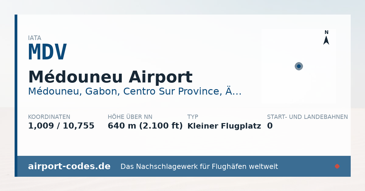 Generierte Übersichtsgrafik zum Flughafen Médouneu Airport mit Codes, Koordinaten und Bahnenskizze
