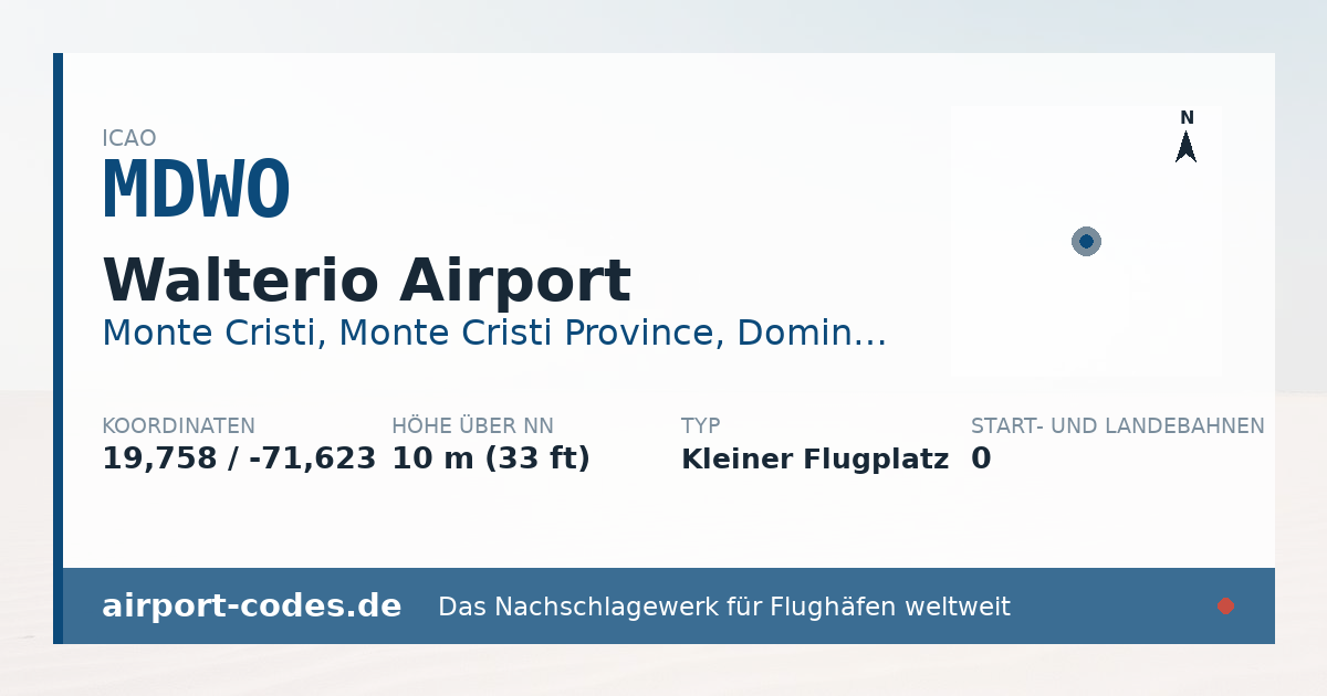 Generierte Übersichtsgrafik zum Flughafen Walterio Airport mit Codes, Koordinaten und Bahnenskizze