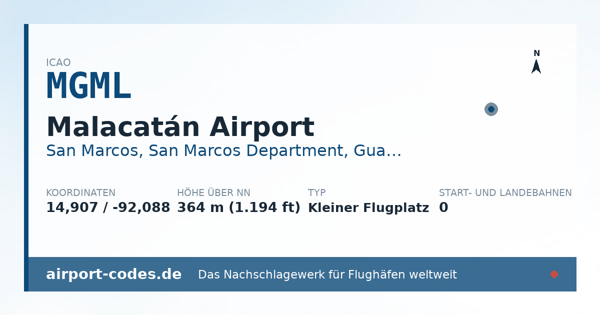 Generierte Übersichtsgrafik zum Flughafen Malacatán Airport mit Codes, Koordinaten und Bahnenskizze