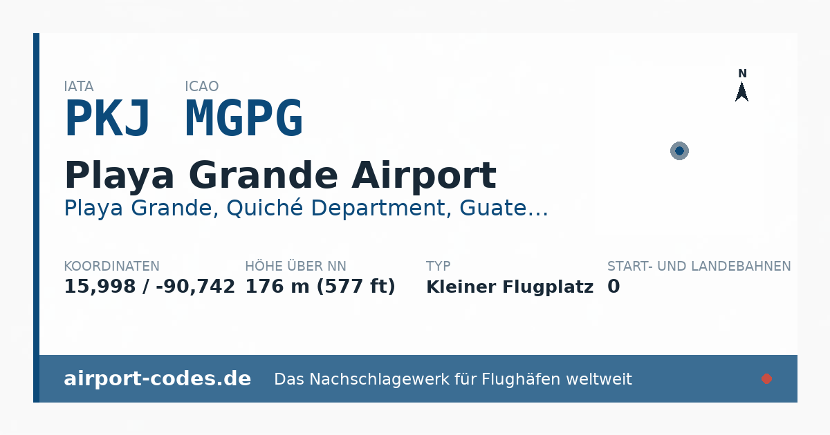 Generierte Übersichtsgrafik zum Flughafen Playa Grande Airport mit Codes, Koordinaten und Bahnenskizze