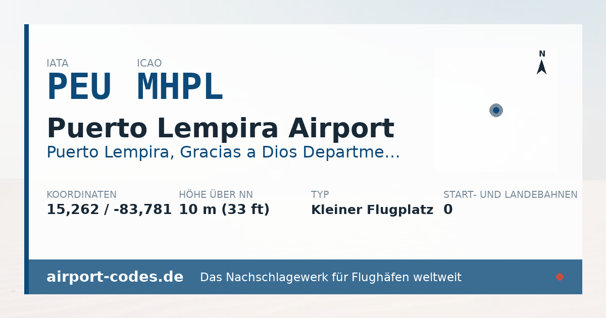 Generierte Übersichtsgrafik zum Flughafen Puerto Lempira Airport mit Codes, Koordinaten und Bahnenskizze