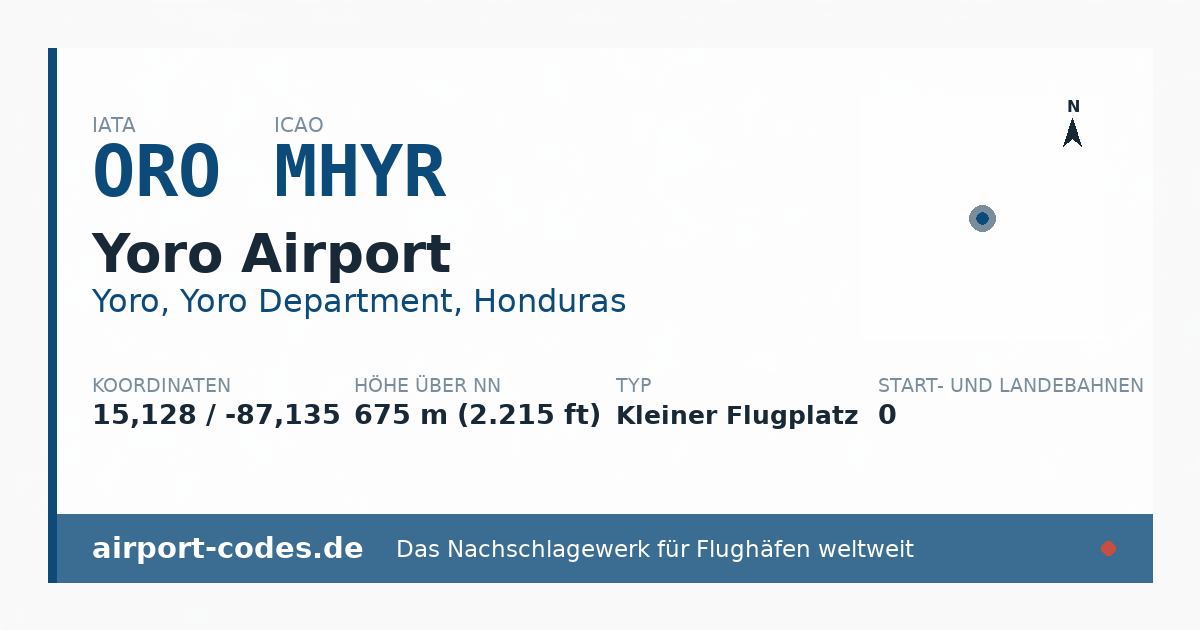Generierte Übersichtsgrafik zum Flughafen Yoro Airport mit Codes, Koordinaten und Bahnenskizze