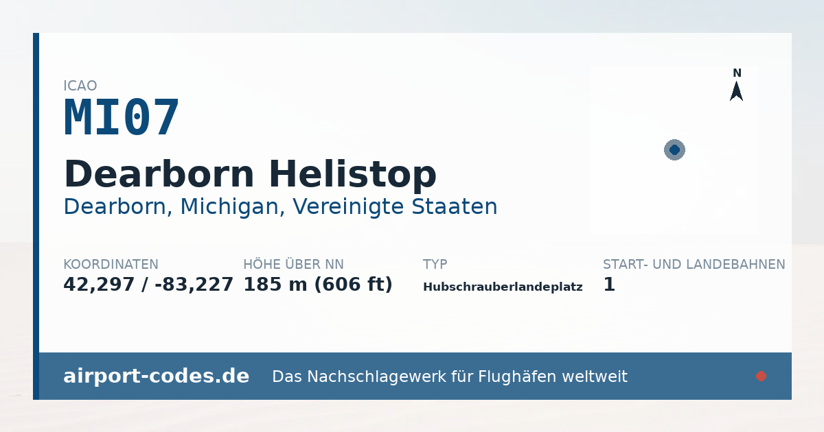 Generierte Übersichtsgrafik zum Flughafen Dearborn Helistop mit Codes, Koordinaten und Bahnenskizze