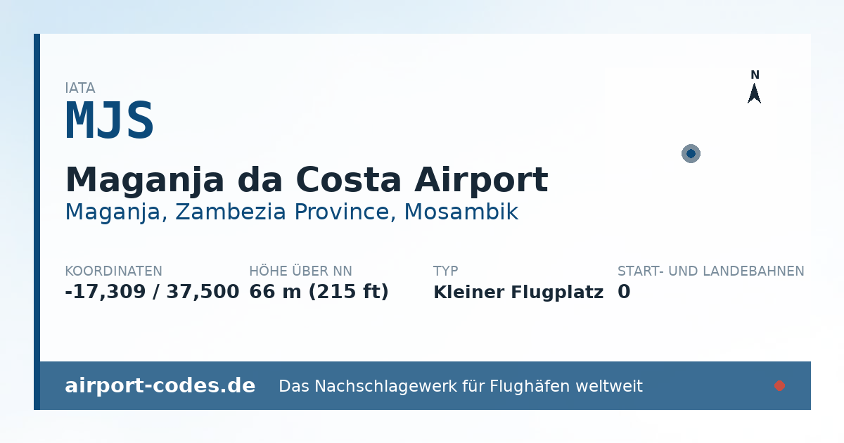 Generierte Übersichtsgrafik zum Flughafen Maganja da Costa Airport mit Codes, Koordinaten und Bahnenskizze