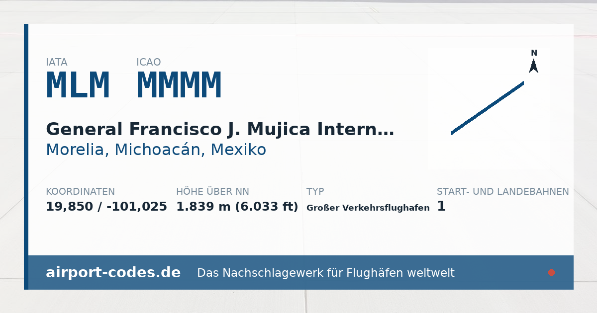 Generierte Übersichtsgrafik zum Flughafen General Francisco J. Mujica International Airport mit Codes, Koordinaten und Bahnenskizze
