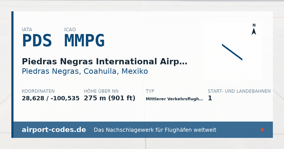 Generierte Übersichtsgrafik zum Flughafen Piedras Negras International Airport mit Codes, Koordinaten und Bahnenskizze