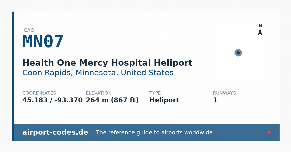 Generated summary graphic for Health One Mercy Hospital Heliport showing codes, coordinates and a runway sketch