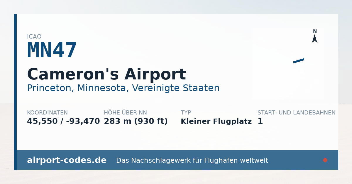 Generierte Übersichtsgrafik zum Flughafen Cameron's Airport mit Codes, Koordinaten und Bahnenskizze