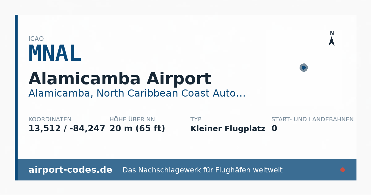 Generierte Übersichtsgrafik zum Flughafen Alamicamba Airport mit Codes, Koordinaten und Bahnenskizze