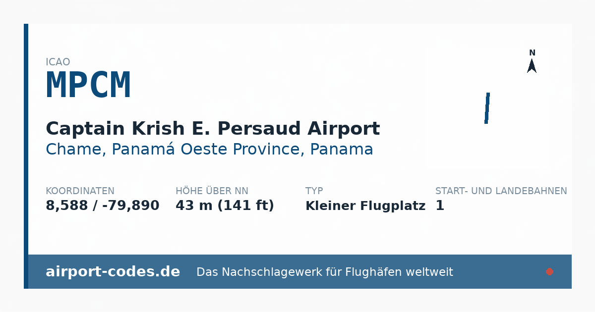 Generierte Übersichtsgrafik zum Flughafen Captain Krish E. Persaud Airport mit Codes, Koordinaten und Bahnenskizze