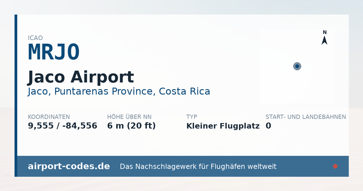 Generierte Übersichtsgrafik zum Flughafen Jaco Airport mit Codes, Koordinaten und Bahnenskizze