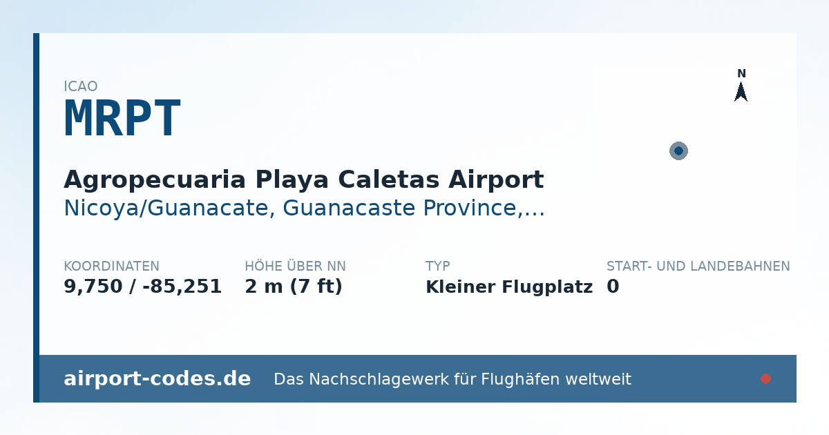 Generierte Übersichtsgrafik zum Flughafen Agropecuaria Playa Caletas Airport mit Codes, Koordinaten und Bahnenskizze