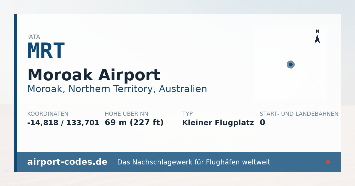 Generierte Übersichtsgrafik zum Flughafen Moroak Airport mit Codes, Koordinaten und Bahnenskizze