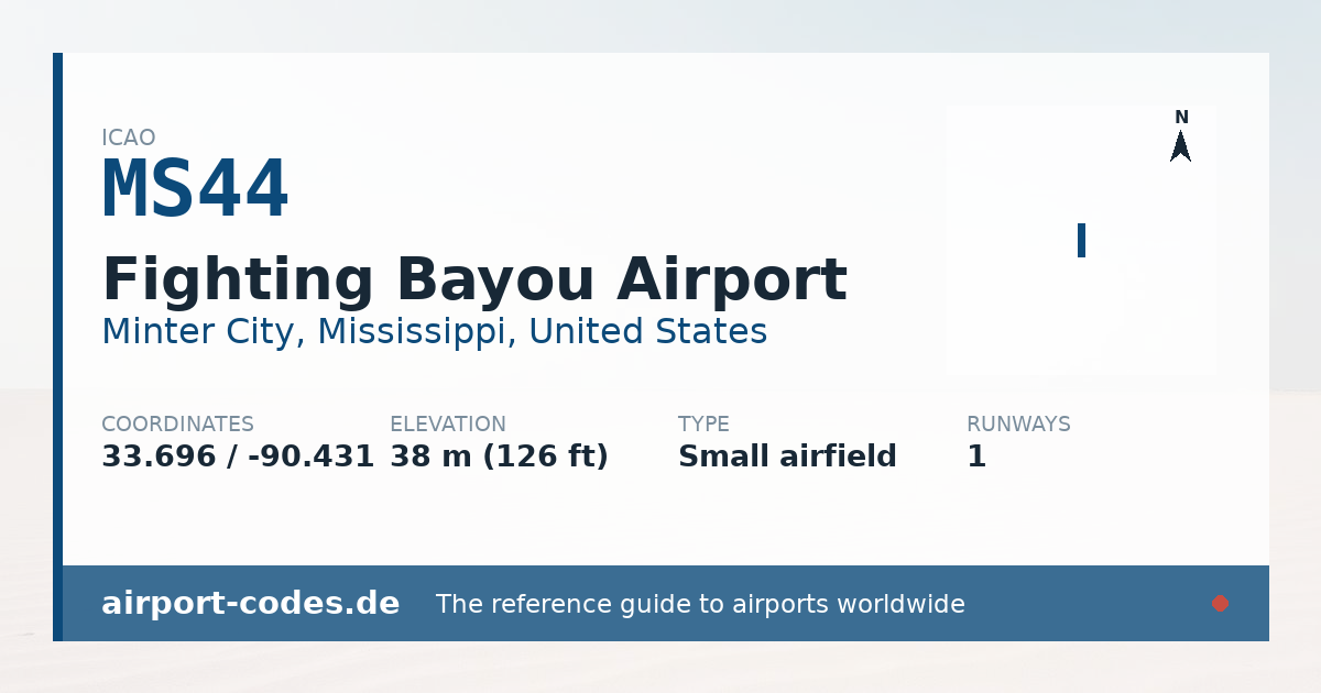 Generated summary graphic for Fighting Bayou Airport showing codes, coordinates and a runway sketch