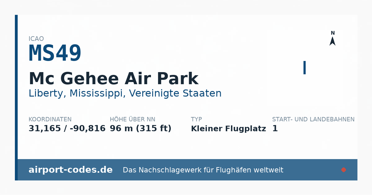 Generierte Übersichtsgrafik zum Flughafen Mc Gehee Air Park mit Codes, Koordinaten und Bahnenskizze