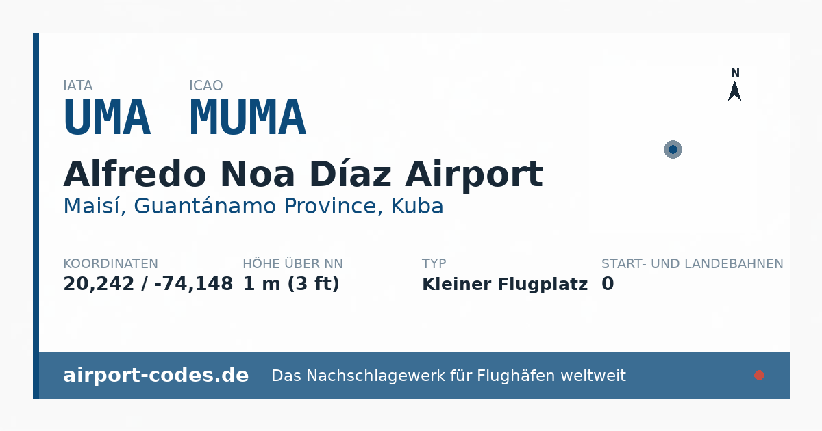 Generierte Übersichtsgrafik zum Flughafen Alfredo Noa Díaz Airport mit Codes, Koordinaten und Bahnenskizze