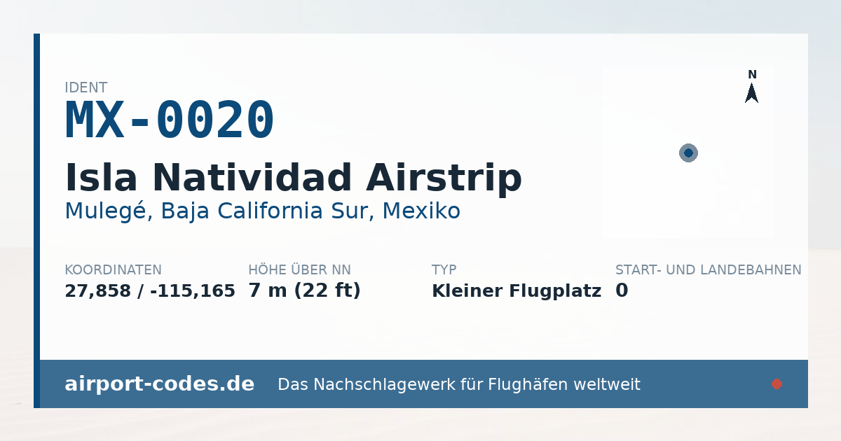 Generierte Übersichtsgrafik zum Flughafen Isla Natividad Airstrip mit Codes, Koordinaten und Bahnenskizze