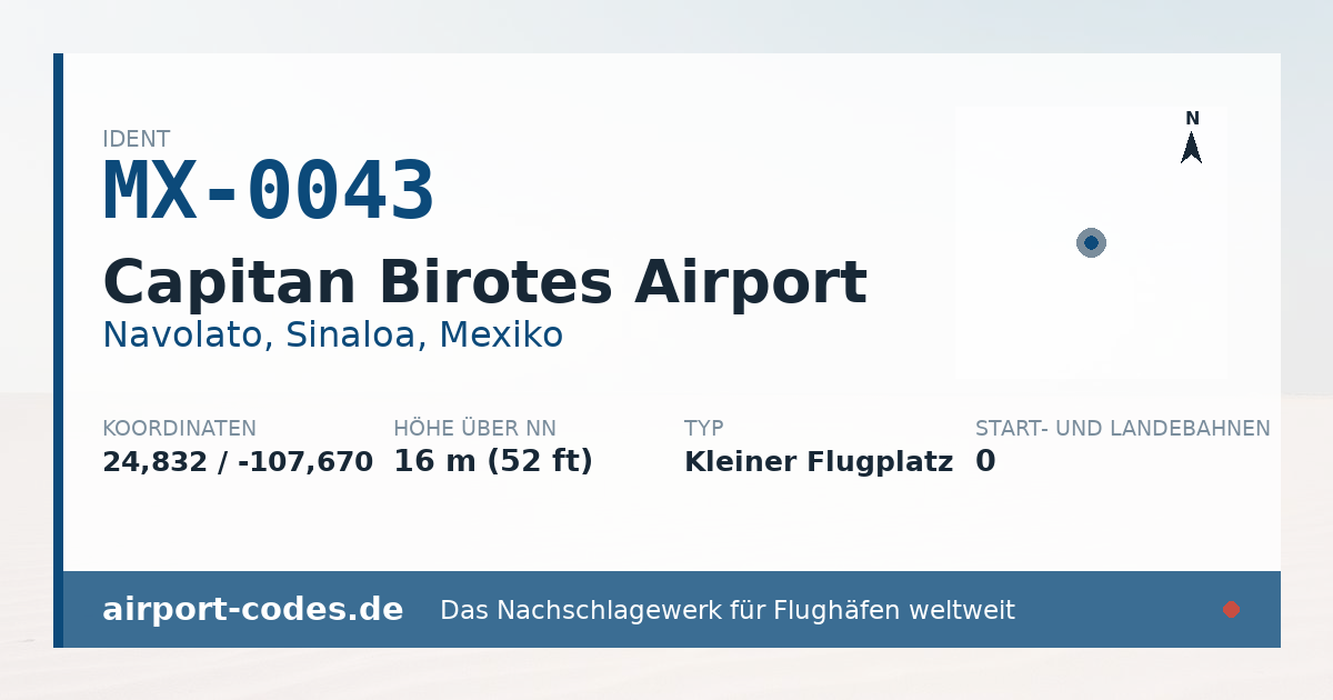Generierte Übersichtsgrafik zum Flughafen Capitan Birotes Airport mit Codes, Koordinaten und Bahnenskizze