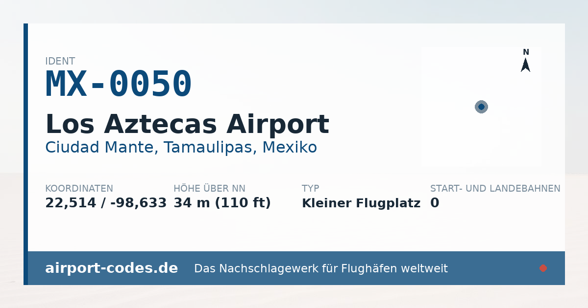 Generierte Übersichtsgrafik zum Flughafen Los Aztecas Airport mit Codes, Koordinaten und Bahnenskizze