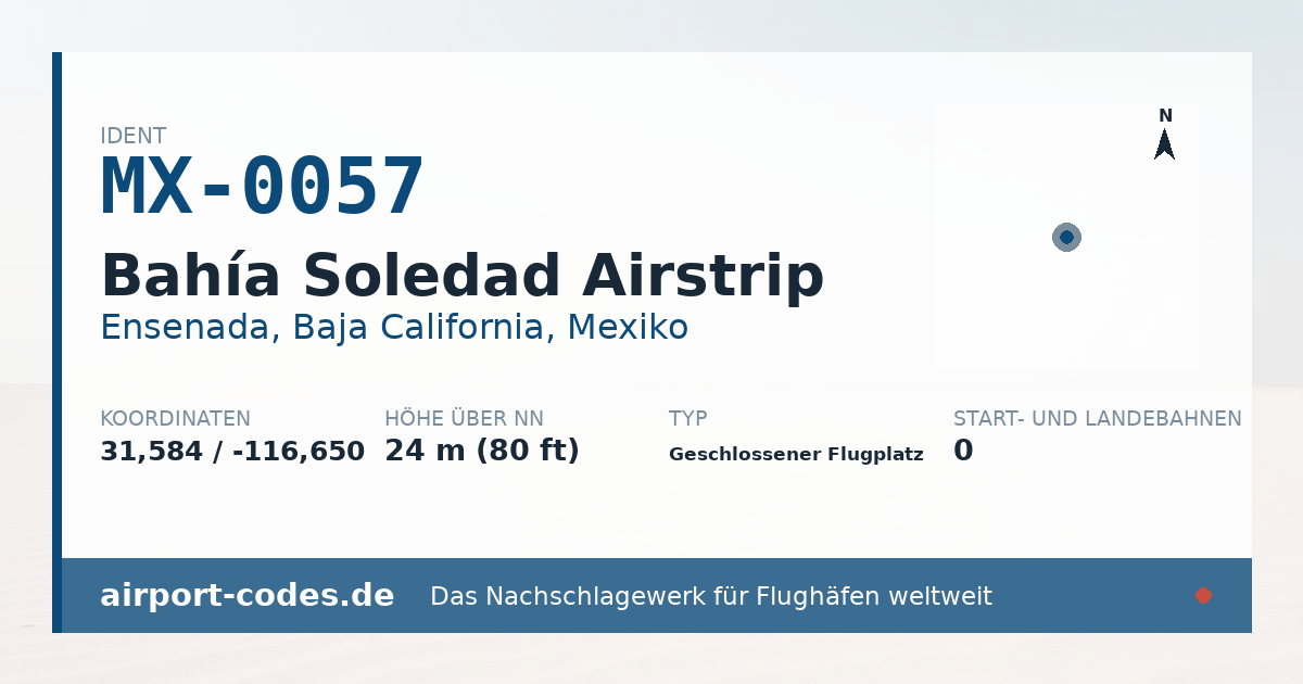 Generierte Übersichtsgrafik zum Flughafen Bahía Soledad Airstrip mit Codes, Koordinaten und Bahnenskizze