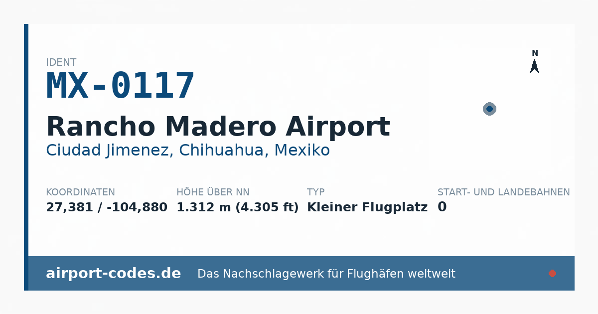 Generierte Übersichtsgrafik zum Flughafen Rancho Madero Airport mit Codes, Koordinaten und Bahnenskizze
