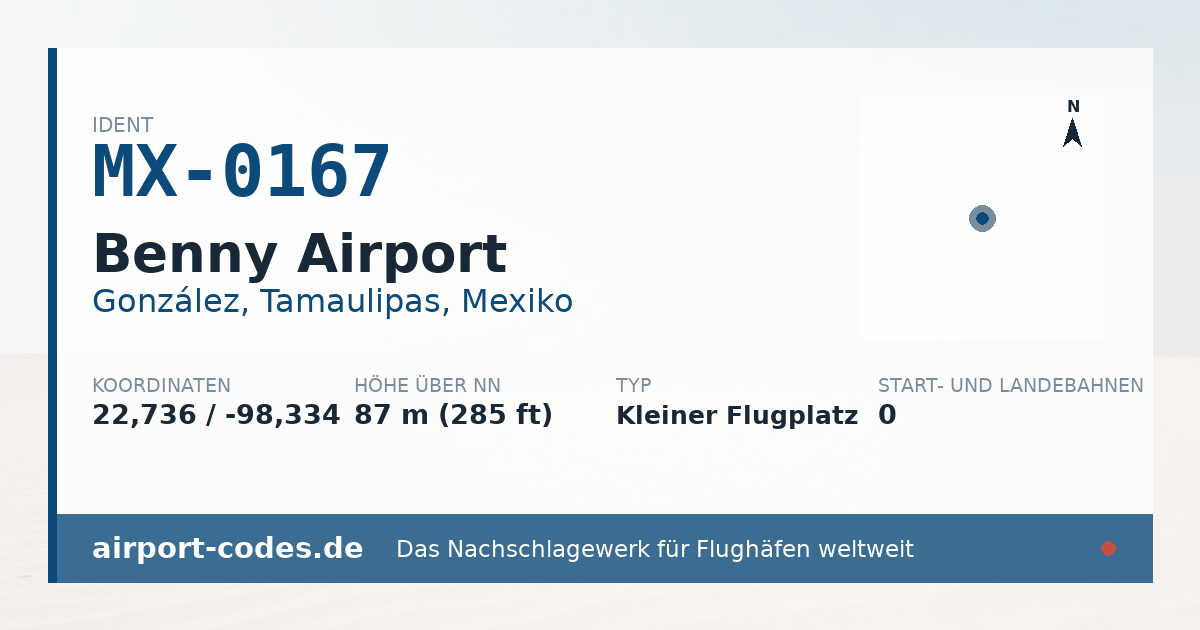 Generierte Übersichtsgrafik zum Flughafen Benny Airport mit Codes, Koordinaten und Bahnenskizze