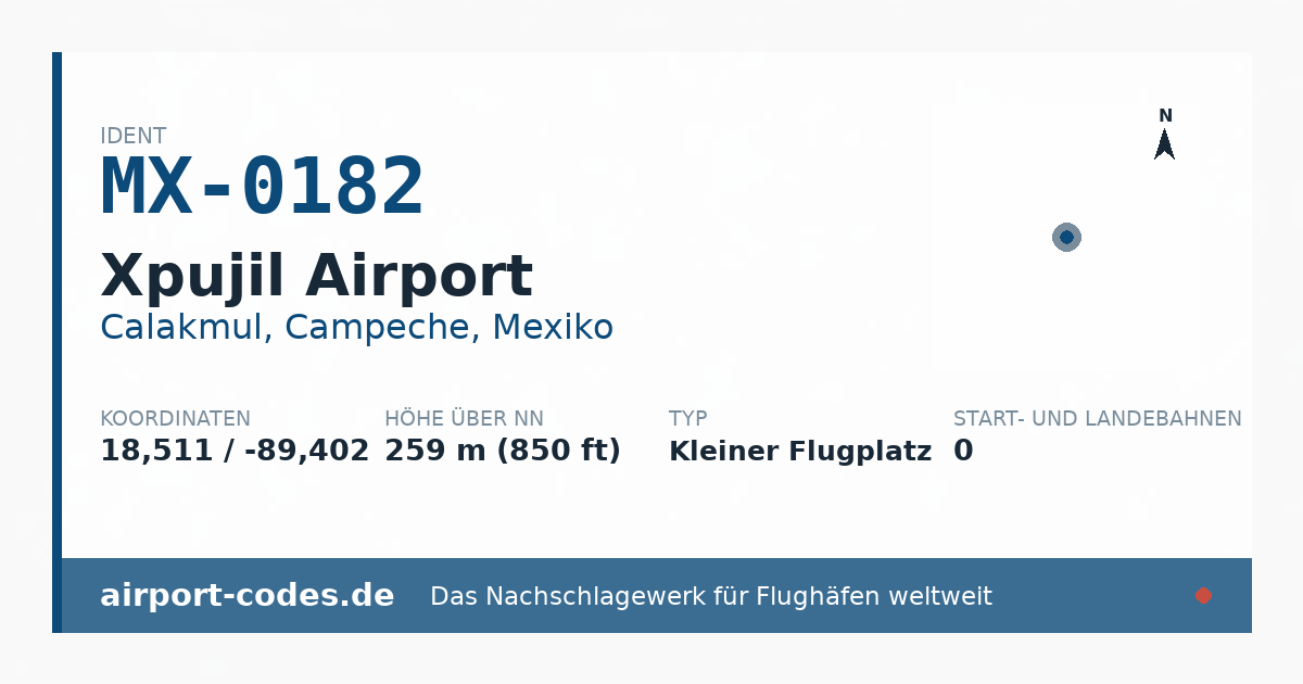 Generierte Übersichtsgrafik zum Flughafen Xpujil Airport mit Codes, Koordinaten und Bahnenskizze