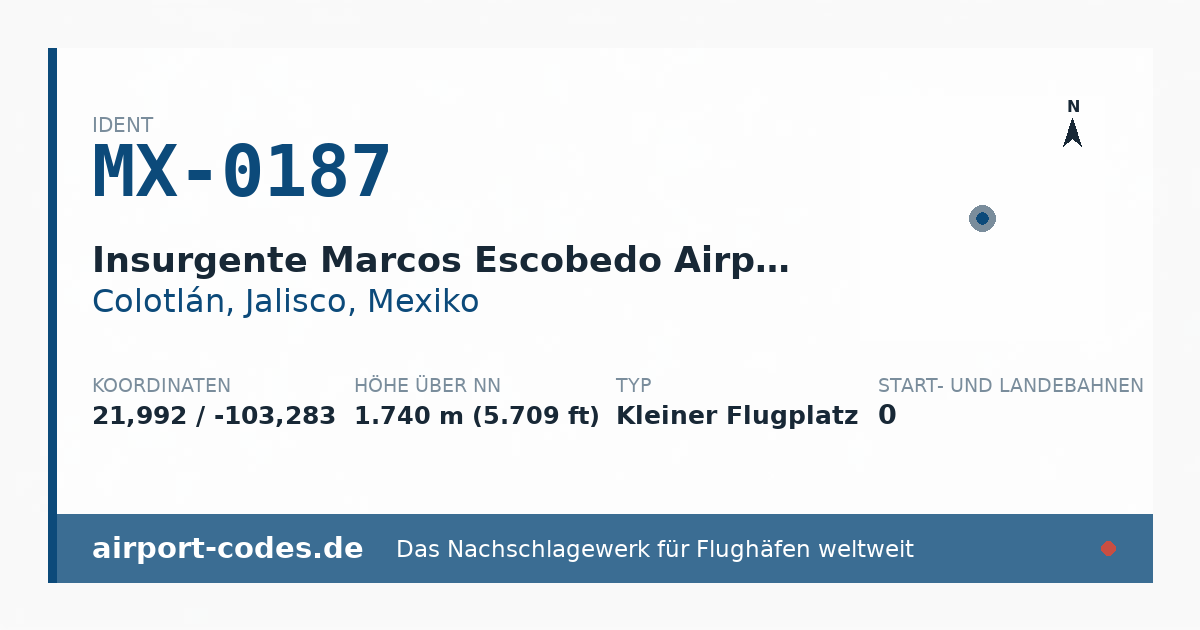 Generierte Übersichtsgrafik zum Flughafen Insurgente Marcos Escobedo Airport mit Codes, Koordinaten und Bahnenskizze