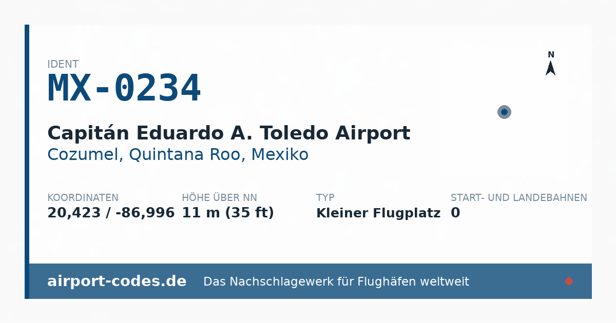 Generierte Übersichtsgrafik zum Flughafen Capitán Eduardo A. Toledo Airport mit Codes, Koordinaten und Bahnenskizze