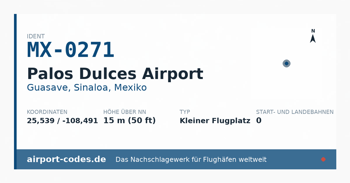 Generierte Übersichtsgrafik zum Flughafen Palos Dulces Airport mit Codes, Koordinaten und Bahnenskizze
