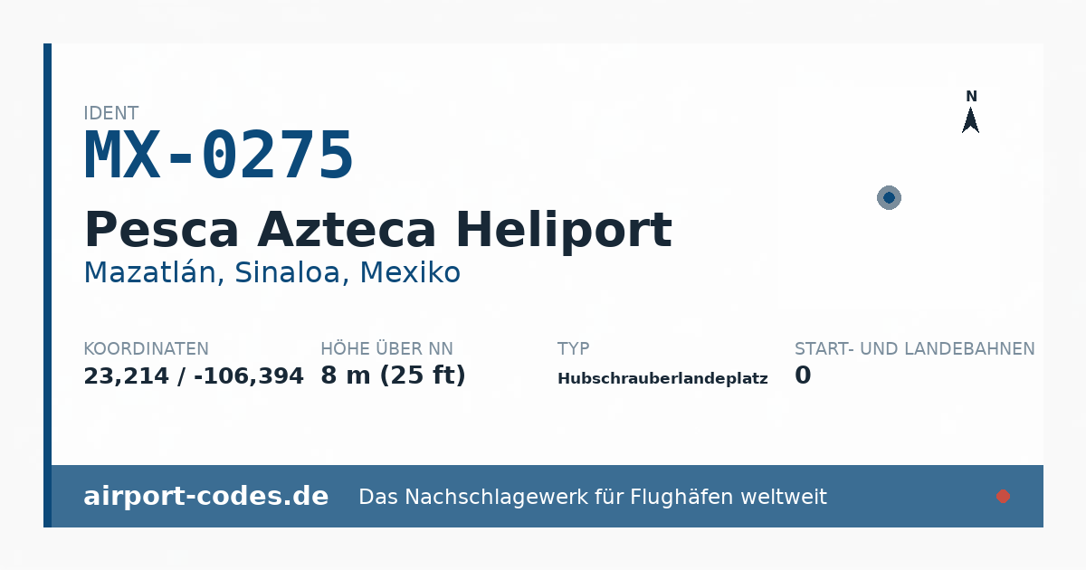 Generierte Übersichtsgrafik zum Flughafen Pesca Azteca Heliport mit Codes, Koordinaten und Bahnenskizze