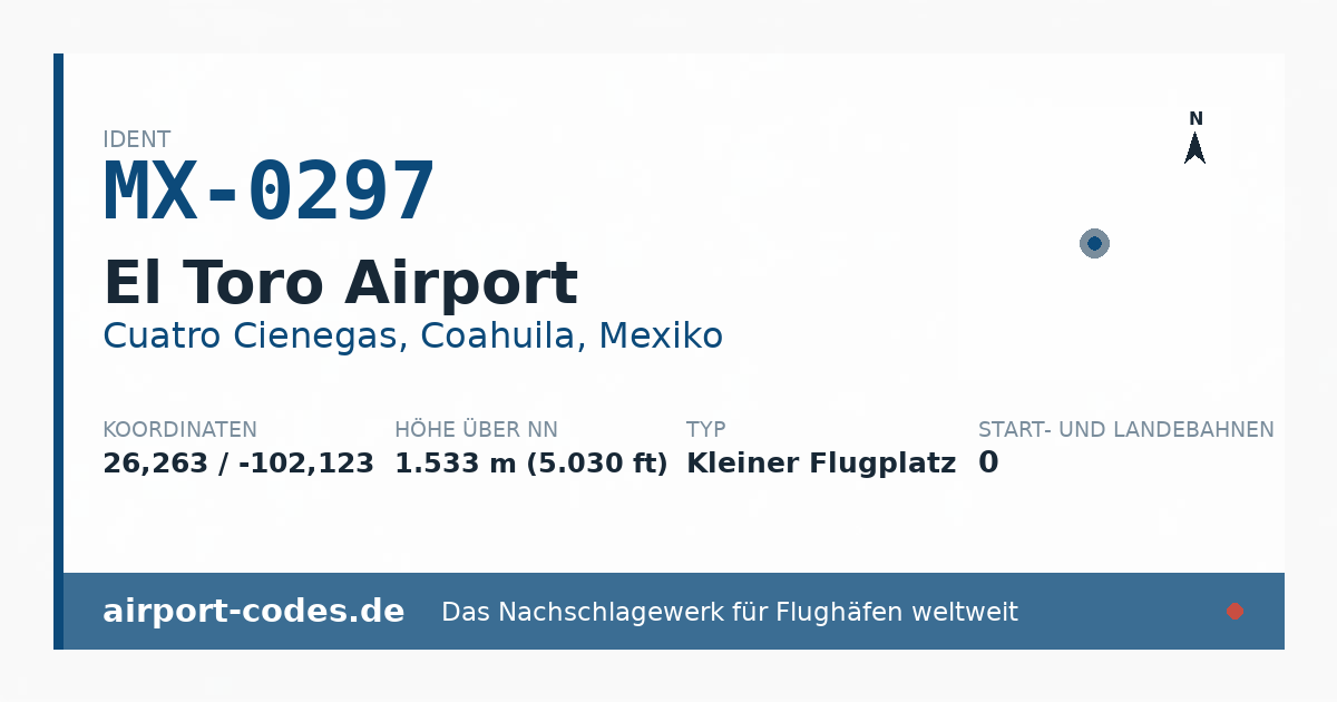 Generierte Übersichtsgrafik zum Flughafen El Toro Airport mit Codes, Koordinaten und Bahnenskizze