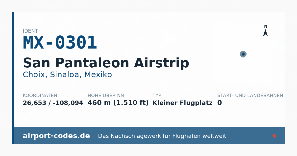 Generierte Übersichtsgrafik zum Flughafen San Pantaleon Airstrip mit Codes, Koordinaten und Bahnenskizze