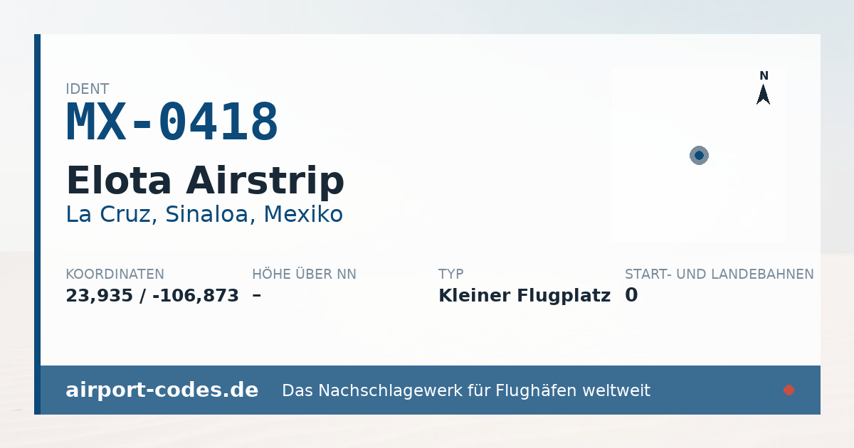 Generierte Übersichtsgrafik zum Flughafen Elota Airstrip mit Codes, Koordinaten und Bahnenskizze