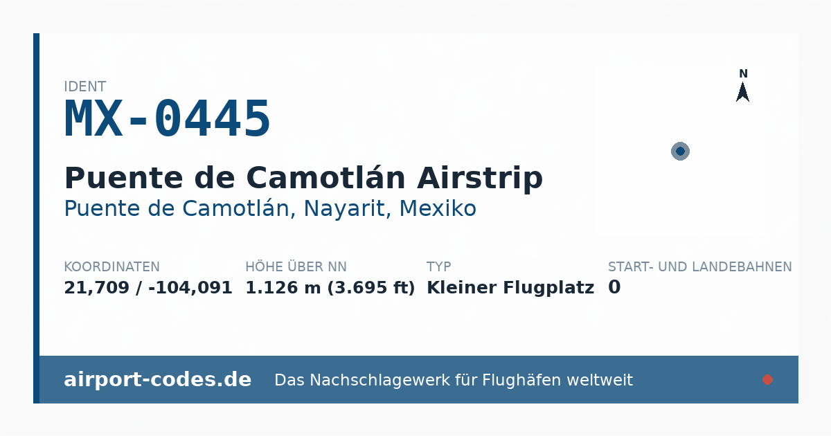 Generierte Übersichtsgrafik zum Flughafen Puente de Camotlán Airstrip mit Codes, Koordinaten und Bahnenskizze
