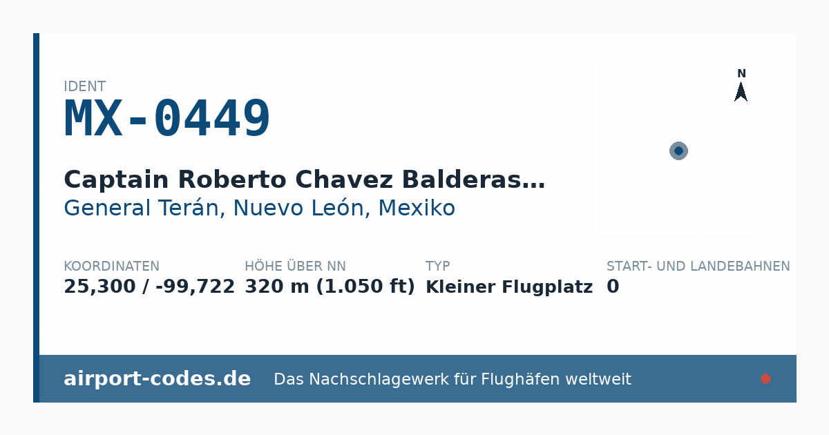 Generierte Übersichtsgrafik zum Flughafen Captain Roberto Chavez Balderas Airport mit Codes, Koordinaten und Bahnenskizze