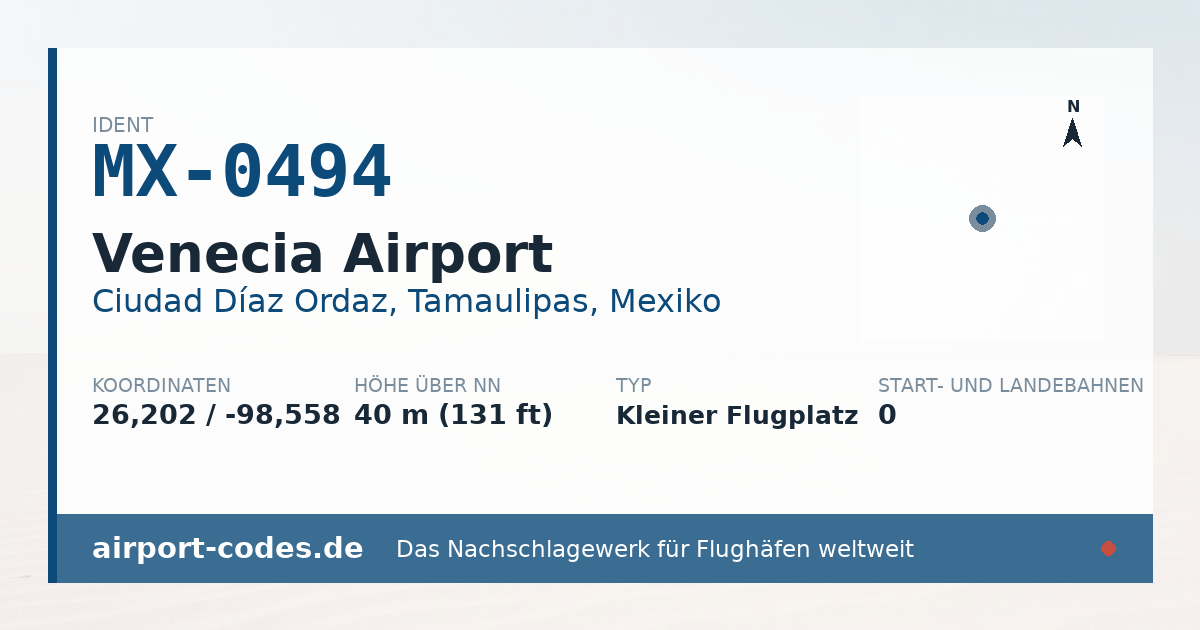 Generierte Übersichtsgrafik zum Flughafen Venecia Airport mit Codes, Koordinaten und Bahnenskizze